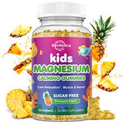 Kinder Magnesium-Gummien, Magnesium-Glycinat-Gummien für Kinder & Erwachsene mit L-Theanin, Kamille, Licorice, Vitamin D, B6 für Schlaf, Entspannung, Gehirn & Muskel, Zuckerfreie Ananas 60ct