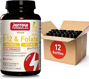 Jarrow Formulas Methyl B-12 1000MCG & Methyl Folate 400MCG,Extra Strength,Cellular Energy Metabolism & Cardiovascular Health Formula(1) Mit P-5-P,100Chewable Tabs,Up to a 100 Day Suppl,12Packs