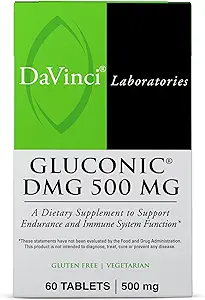DAVINCI Labs Gluconic DMG 500 mg - Nahrungsergänzungsmittel zur Unterstützung der Endurance- und Immunsystemfunktion* - mit 500 mg N,N-Dimethylglycin pro Tablette - Vegetarierisch - Glutenfrei - 60 Kautabletten