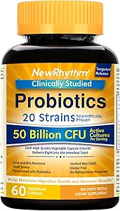 NewRhythm Probiotics 50 Billion CFU 20 Strains, 60 Veggie Capsules, Targeted Release Technology, Stomach Acid Resistant, Keine Notwendigkeit für Kälte, Non-GMO, Glutenfrei (Pack von 2)