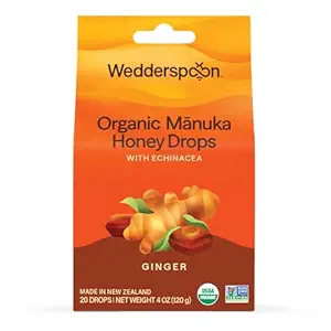 Wedderspoon Organic Manuka Honey Drops, Ginger & Echinacea, 20 Count (Pack von 1) | Echter neuseeländischer Honig | Perfekte Remedy für trockene Bedrohungen
