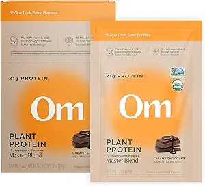 Om Master Blend Vegan Protein Pulver, Schokolade, 21g Pflanzenprotein - Organische Pilzergänzung mit 10 Pilz-Komplex, Ashwagandha, BCAAs und Vitamin B12 - Single Serve (10 Count)