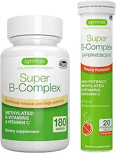 Super B-Complex Bundle, 180 Sustained-Release Tablets & 20 Orange Flavor Effervescent Tablets für Fast Energy On The Go, von Igennus