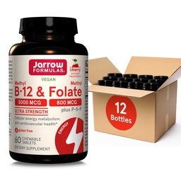Jarrow Formeln Ultra Strength Methyl B-12 5000 mcg & Methyl Folate 800 mcg + P-5-P, Ergänzung für Zelluläre Energie Metabolismus und Herz-Kreislauf-Unterstützung, 60 Kautabletten, 60 Tage Versorgung, 12 Packungen