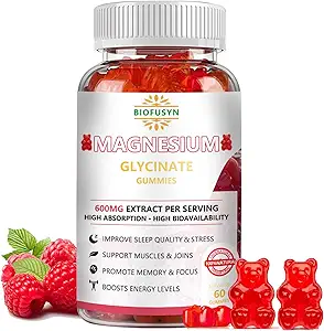 Magnesium Glycinate Gummi 600mg : Zuckerfreie Gummy Bären mit Magnesium, Vitamin D, B6 und CoQ10 für Kalorien Unterstützung & Schlaf für Erwachsene & Kinder, L-Threonate Multivitamin, Himbeer Flavor 60Count