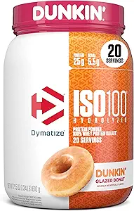 Dymatize x Dunkin' Glazed Donut ISO100 Whey Protein Powder, 25g Protein, 5.5g BCAAs, 120 Cal., Glutenfrei, 1g Fett, 1g Zucker, 2g Carb (20 Servierungen)