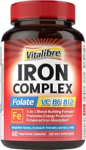 Eisen-Ergänzung für Frauen und Männer, mit Vitaminen C, B6, B12 & Folate für Iron Deficiency, Blood Building & Energy Support, Stomach Friendly, Better Absorption, Non-GMO, No Gluten, 30 Vegan Caps