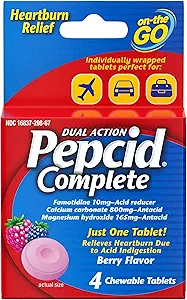 Pepcid Complete Acid Reducer + Antacid for Acid Reflux, 10mg Famotidin, 800mg Calciumcarbonat & 165mg Magnesium Hydroxide per Antacid Chew, Individuelle Pakete, Berry Flavored, 4 ct