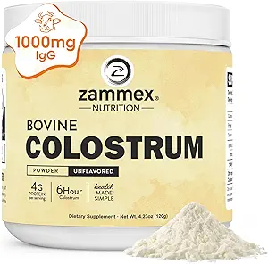 Zammex Bovine Colostrum Powder 4000MG für Immununterstützung, Gut Gesundheit, Haarwachstum, Gras Fed Organic Colostrum Supplement für Menschen Superfood einfach zu mischen, 4g Protein, Unflavored, 30 Portionen