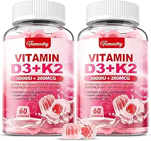 Vitamin D3 K2 Ergänzung für Erwachsene - Vitamin D3 5000 IU + K2 200 mcg - Vit D3 K2 Gummie mit Calcium 600mg Magnesium Zink & Vitamin C für Frauen Männer - Unterstützt B0ne, Muskel Immune - 120 Zähler