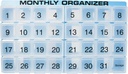 Organisateur mensuel de pilules : 31 compartiments, 1 par jour, 4 semaines Mois complet Organisateur de pilules : 31 jours Comprend le bac et 8 compartiments amovibles