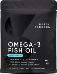 Sportforschung Triple Strength Omega 3 Fish Oil - Burpless Fish Oil Supplement w/EPA & DHA Fettsäuren von Wild Alaskan Pollock - Herz, Gehirn & Immununterstützung für Männer & Frauen - 1250 mg, 240 ct