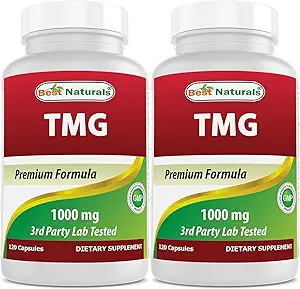 Best Naturals TMG Trimethylglycin (als Betaine Anhydrous) 1000 mg Servieren - 120 Kapseln - Gesunde Homocystein Levels & Methylierungsunterstützung (120 Count (Pack von 2))
