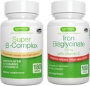 Super B-Complex & High Absorption Eisen Bisglycinat 20mg mit Vitamin C, Vegan Bundle, Methylierte Sustained Release B Complex & Gentle One-a-Day Iron mit Targeted Release, von Igennus