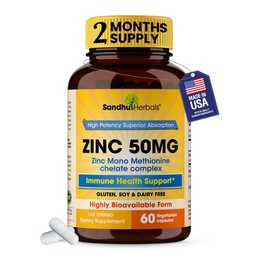 Sandhu Kräuter Zink 50mg Ergänzung für Männer & Frauen| Hohe Absorption Zink Monomethionin Complex 60 Kapseln| Ergänzungen für Immun, Akne & Antioxidans Supports Vegetarisch