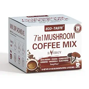 Mushroom Coffee Mix 7 in 1, TCM Entworfen für Energie mit Reishi, Cordyceps, Chaga, Rhodiola, Ginseng und Eleuthero Pilzextrakte – 12 Sachets