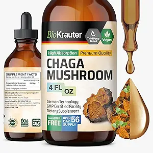 BIO KRAUTER Chaga Pilzextrakt - Chaga-Tinktur für Immununterstützung - Vegan, Alkohol & Zucker Kostenlose Tropfen 4 Fl.Oz.