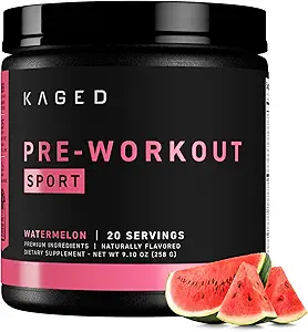 Kaged Sport Pre Workout Powder for Men & Women, Watermelon, Sport Certified, 188mg Caffeina, Nitric Oxide Supplement, Beta Alanine for Energy, Weightlifting, Cardio Endurance & Strength, 20 Servings