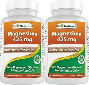 Best Naturals Magnesium 425 mg 180 Veggie Kapseln - Hohe Absorption Magnesium Glycinat & Magnesiumoxid Chelat, Non-GMO, Gluten Free Muscle Relax (180 Count (Pack von 2))