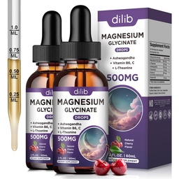 (2 Pack) Magnesium Glycinat Flüssigkeitstropfen 500mg, mit Vitamin B6, Ashwagandha, L - Theanin, Kamille, Magnesium Glycinat Supplement Hohe Absorption für Schlaf, Stress, Energie Stimmung - Kirsch Flavor