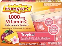 Emergen-C 1000mg Vitamin C Pulver, mit Antioxidantien, B Vitamine und Elektrolyte, Vitamin C Ergänzungen für Immununterstützung, Koffein Free Fizzy Drink Mix, Tropical Flavor - 30 Count/1 Month Supply