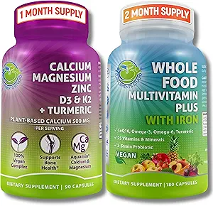 Vegan Ganzes Lebensmittel Multivitamin mit Eisen + Pflanzenbasiertes Calcium, Magnesium, Zink, D3, K2 & Organic Turmeric – Komplette tägliche Ergänzung Bundle für Männer & Frauen – Energie, Immunität & Knochen Unterstützung