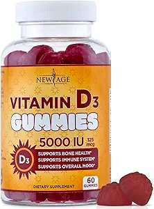 NEU AGE Vitamin D3 5000 IU 125mcg Gummie - Unterstützung Immununterstützung, Starke Knochengesundheit - Non-GMO, Glutenfrei, Dairy-Free, No Gelatin (60 Gummies (Pack von 1))