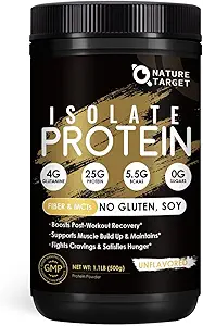 NATURE TARGET Whey Isolate Protein Powder, Unflavored, 25g Protein, Low Carb Protein Powder, Sugar-Free, für Männer & Frauen, 5.5g BCAAs, Rich in Fibers & Minerals, 1.1 Pound (500g)