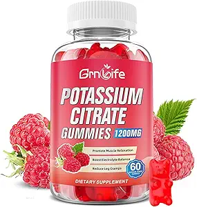 Kalium-Zitrat-Gummi, hohe Kalium-Ergänzung-Gummi-Gummi-Gummi-Gummi-Gummi-Gummi 1200mg Unterstützung Leg Cramps & Muskel-Gesundheit, Kalium-Gummi-Gummi für Erwachsene & Kinder, Vegan, Raspberry Flavor 60 Count