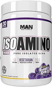Man Sports ISO-Amino Pure Isolierte BCAAs - Lean Muscle bauen - Verzweigte Kette Aminosäuren Pulver - Keto BCAA - Accelerate Recovery - 210 Gramm, 30 Portionen - Grape Bubble Gum