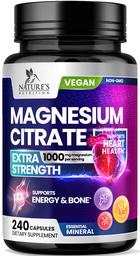 Magnesium Citrat Ergänzung Pillen 1000mg - 3X Stärke Magnesium Ergänzungen für Knochen, Muskel, Herz, Natur Schlaf Unterstützung für Männer & Frauen, Vegan Mag Mineral, Non-GMO, Bottled in USA, 240 Kapseln