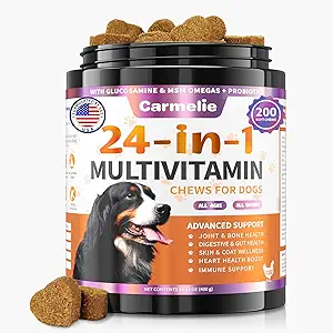 Hunde-Vitamine, 24 in 1 Hunde-Vitamine und Ergänzungen 200 Chews mit Glucosamine Probiotics Omega-3 Hunde-Multivitamine Kaubar für Hip & Joint, Haut & Coat, Immune Health, Digestive (Hühner)