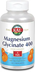 KAL® Magnesium Glycinat 400 mg | Chelat Magnesiumergänzung | Hohe Absorption, sanfte Verdauung | Zucker freie natürliche Orange Geschmack | 120 Chewables