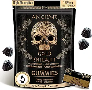 ad hoc 1100mg Gold Shilajit Gummis mit Magnesium, Lions Mane, Rhodiola, Grape Seed - Himalayan Shilajit für Herren Frauen, 85+ Trace Minerals & Fulvic Acid, Pure Shilajit for Energy Immune Support,60 Ct