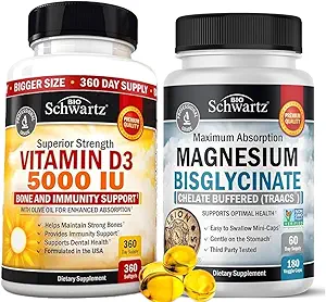 Vitamina D3 5000 IU 125 mcg (1 anno di alimentazione) Plus ad alto assorbimento Magnesio Bisglycinate capsule (2 mesi di alimentazione)
