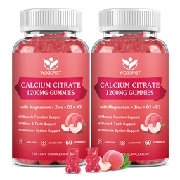 Calcium Citrat 1200mg Gummies mit Vitamin D3, K2 - Kaubares Calcium Magnesium Zink d3 Supplement mit Sea Moss Extract für Knochen, Zähne, Immununterstützung für Frauen & Männer, Pfirsichgeschmack-60 Gummies(2Pack)