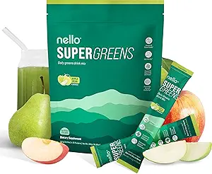 Nello Supergreens Premium Superfood Greens Drink Mix w/Chlorella, Moringa, Spinat & Broccoli + Verdauungsenzyme & Probiotic Blend -Nutrient-Packed Powder Wellness (Mango Peach, 20 SRV, Travel Pack)