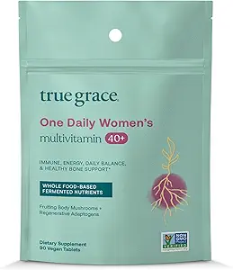 True Grace One Daily Women’s Multivitamin 40+ Fermented Minerals, Organic Adaptogens & Pilze Energie, Immune, Knochenunterstützung - Non-GMO - Eisen, Gluten & Soy Free - 90 Vegan Tablets