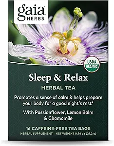Gaia Kräuter Schlaf &amp; Relax Kräutertee - Supportive Schlafhilfe für eine natürliche Beruhigung für eine gute Nacht Erholung* - Mit Passionflower, Kamille & Lemon Balm - 16 Koffeinfreie Teebeutel