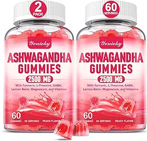 Ashwagandha Gummies 2500mg für Damen und Herren: Ashwagandha Supplement Gummy Extrastärke mit Kurkuma, Vitamin D3, L-Theanin, Magnesium - Gefüllte Gummis, Erdbeeren Geschmack, Vegan, Non-GMO