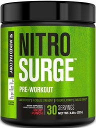 Jacked Factory NITROSURGE Pre Workout Supplement - Endless Energy, Instant Strength Gains, Clear Focus & Intense Pumps - NO Booster & Powerful Preworkout Energy Powder - 30 Portionen, Fruit Punch