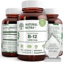 Natürliche Nutra Vitamin B12 1000 mcg, Cobalamin B 12 Supplement, Calciumphosphat, Hilfe in Stoffwechsel Gesundheit, Unterstützt Nervöses System, Optimale Absorption, Glutenfrei, Zuckerfrei, 60 Vegan Tabletten