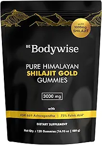 Seien Sie Bodywise Pure Himalayan Shilajit Gummies Gold I Keine Hinzugefügt Zucker I Ashwagandha, Gokshura| Fulvic Acid & 85+ Trace Minerals I für Männer, Frauen I Non-GMO I 100% Natural & Organic I 120 Gummy I Pouch