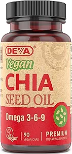 DEVA Vegan Vitamine Chia Seed Öl, verpackt mit Omega 3, 6, 9 & andere essentielle Fettsäuren, kalt-gepresst und unraffiert, 90 Kapseln