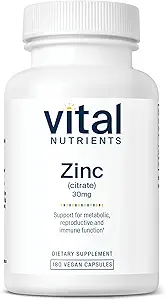 Vital Nährstoffe Zink Citrat 30mg | Leicht absorbierte Immununterstützungsergänzung* | Vegan Zinkergänzung | Gluten, Dairy, Soy Free | Non-GMO | 30mg | 180 Kapseln