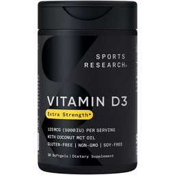 Sports Research Vitamin D3 5000 IU with Coconut MCT Oil - Extra Strength Vitamin D Supplement - Non-GMO Verified, Gluten & Soy Free – 125mcg, 30 Liquid Softgels