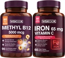 Eisen und Vitamin B12 Bundle, 5000 mcg B12, Zero Sugar, Carbonyl Iron mit Vitamin C, Gentle on The Stomach