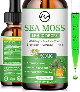 Sea Moss Liquid Drops - Irish Sea Moss 2000mg mit Elderberry, Burdock Root, Bromelain, Vitamin C und Zink - 98 Essential Minerals Seamoss Supplement für Immun, Joint, Digestion, Aging Support - 2oz