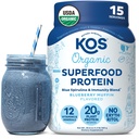 KOS Plant Based Protein Powder, Blueberry Muffin - Organic Pea Protein Superfood mit Spirulina und Immune Support Blend. Soy, Gluten, Dairy Free - Vegan Meal Ersatz für Damen und Herren - 15 Servierungen