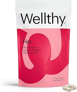 Wellthy Her Women's Daily Vegan Multivitamin für Frauen, natürliche Inhaltsstoffe für gesundes Haar, Haut, & Nägel mit essentiellen Mikronährstoffen (30 Tage)
